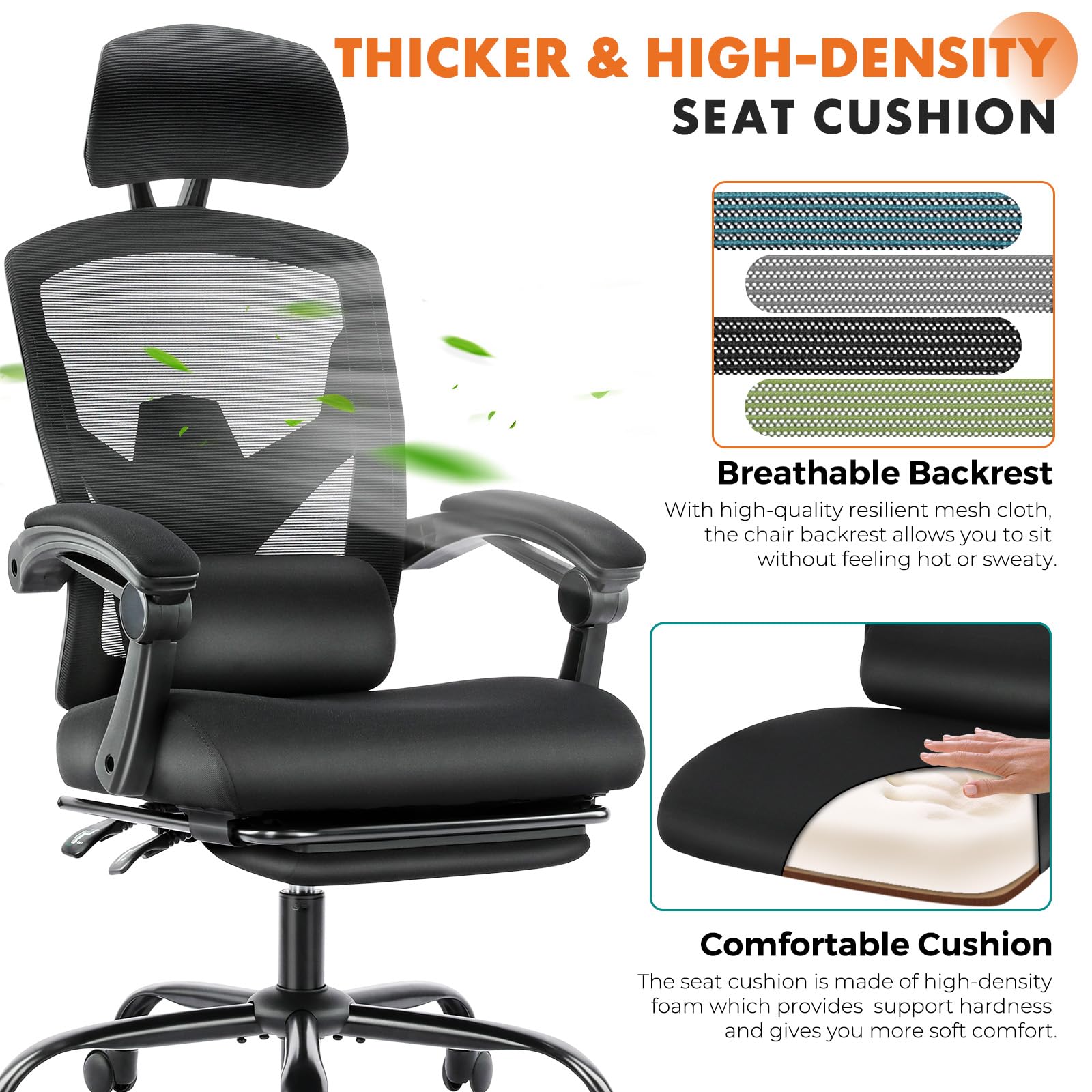 Sweetcrispy Office Computer Desk Chair, Ergonomic High-Back Mesh Rolling Work Swivel Chairs with Wheels, Comfortable Lumbar Support, Comfy Arms for Home, Bedroom, Study, Student, Black - Image 2