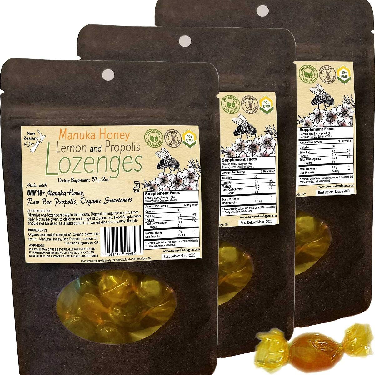 (3 Pack) New Zealand 4 You UMF 10+ Manuka Honey, Lemon and Propolis Lozenges, All Natural Manuka Honey Drops, Lemon, Raw Bee Propolis, Unpasteurized New Zealand Honey