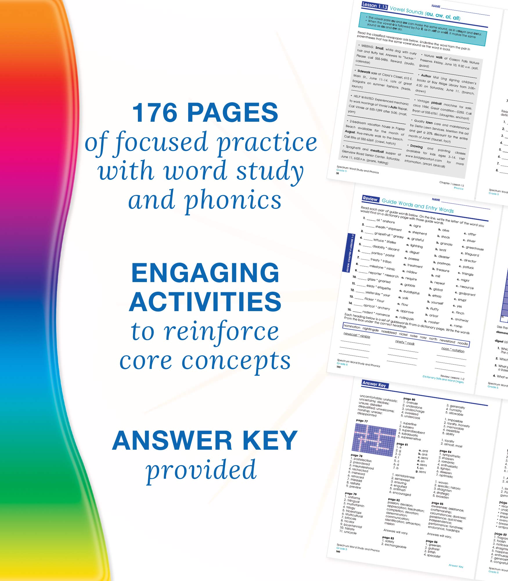 Spectrum Grade 5 Word Study and Phonics Workbooks, Ages 10 to 11, 5th Grade Word Study and Phonics, Word Families, Analogies, Acronyms, Diagraphs, and Vocabulary Builder - 176 Pages
