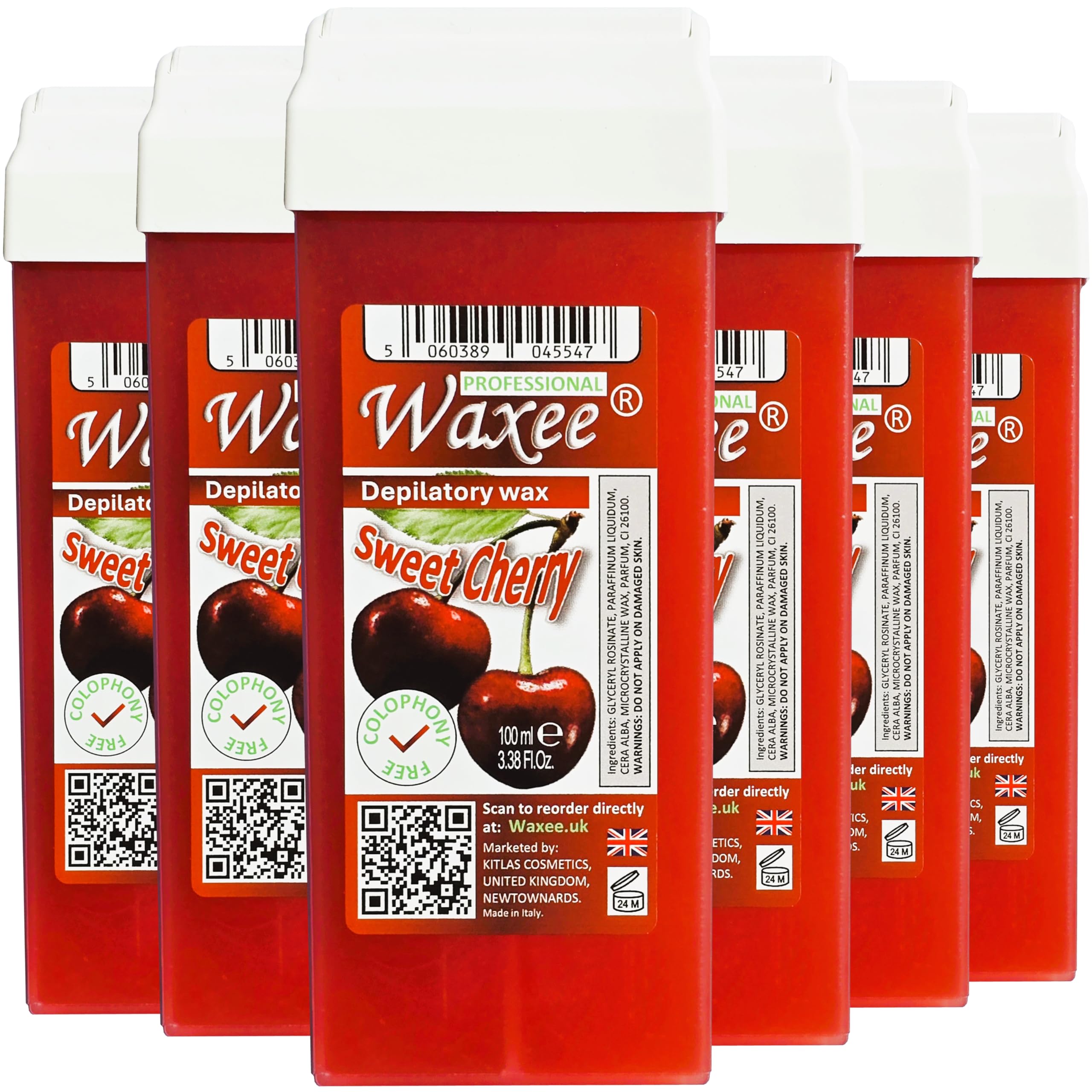 6 x 100ml roll on wax cartridge, roller wax refill, COLOPHONY FREE, Waxee (Cherry)
