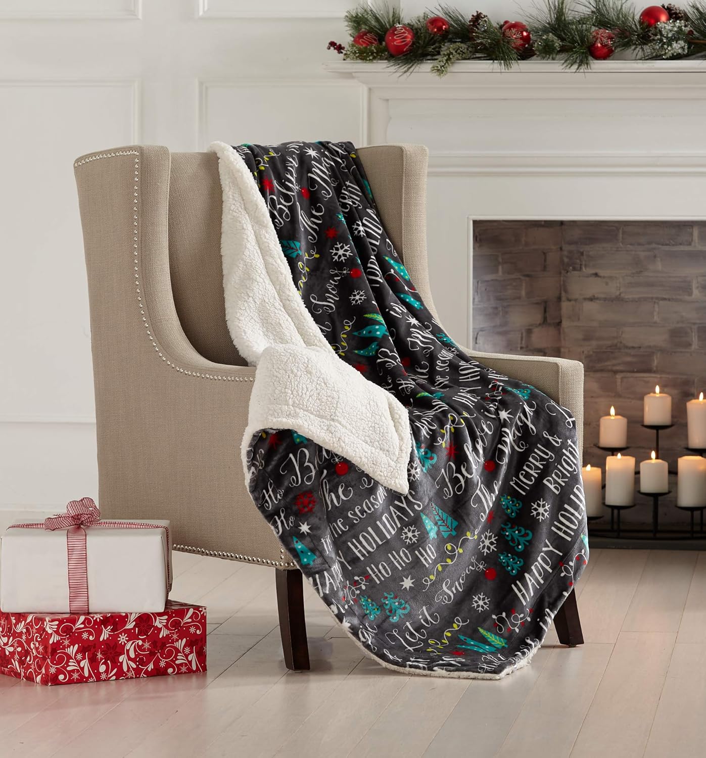Great Bay Home Super Soft Fleece Sherpa Holiday Throw Blanket - Cozy, Warm Black Believe in Magic Design Blanket. Eve Collection (50