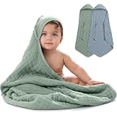 Comfy Cubs Hooded Baby Towel 2-Pack, Large 32 x 32 Inch - 6 Layer 100% Muslin Cotton for Babies, Toddlers, Kids - Soft &amp; Absorbent Baby Bath Towels - Unisex Design for Bath Time, Pacific Blue and Fern