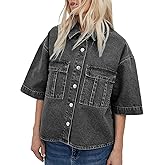 Imily Bela Womens Oversized Short Sleeve Denim Jackets Trendy Cropped Jean Tops Shackets