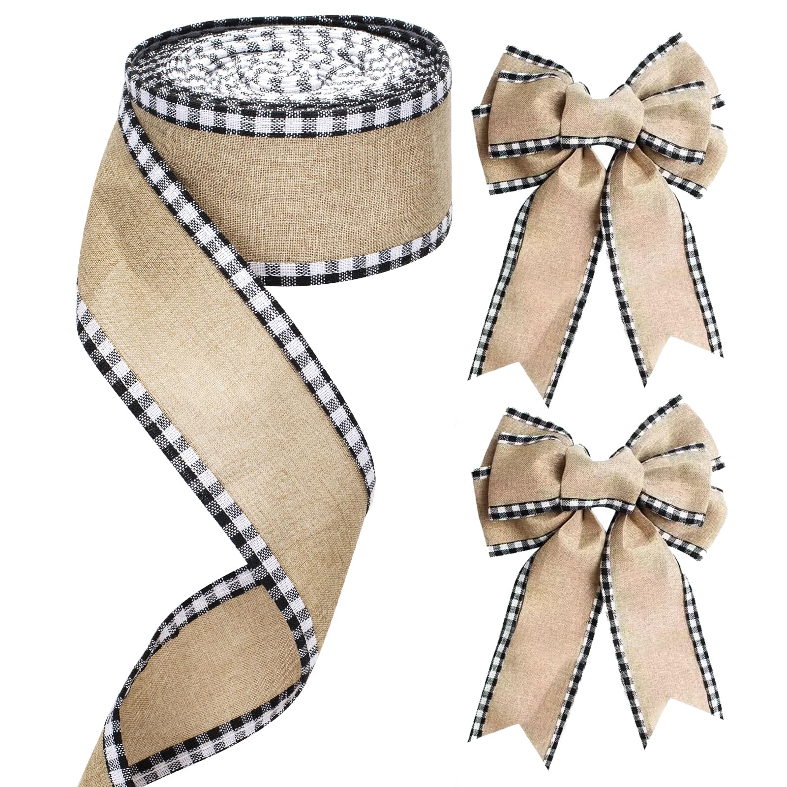 G2PLUS 63mm Burlap Wired Ribbon with Gingham Edge: 10M Rustic Hessian Ribbon for Wedding Decoration, Farmhouse Decor, Gift Wrapping, DIY Crafts, Floral Bows — image 1