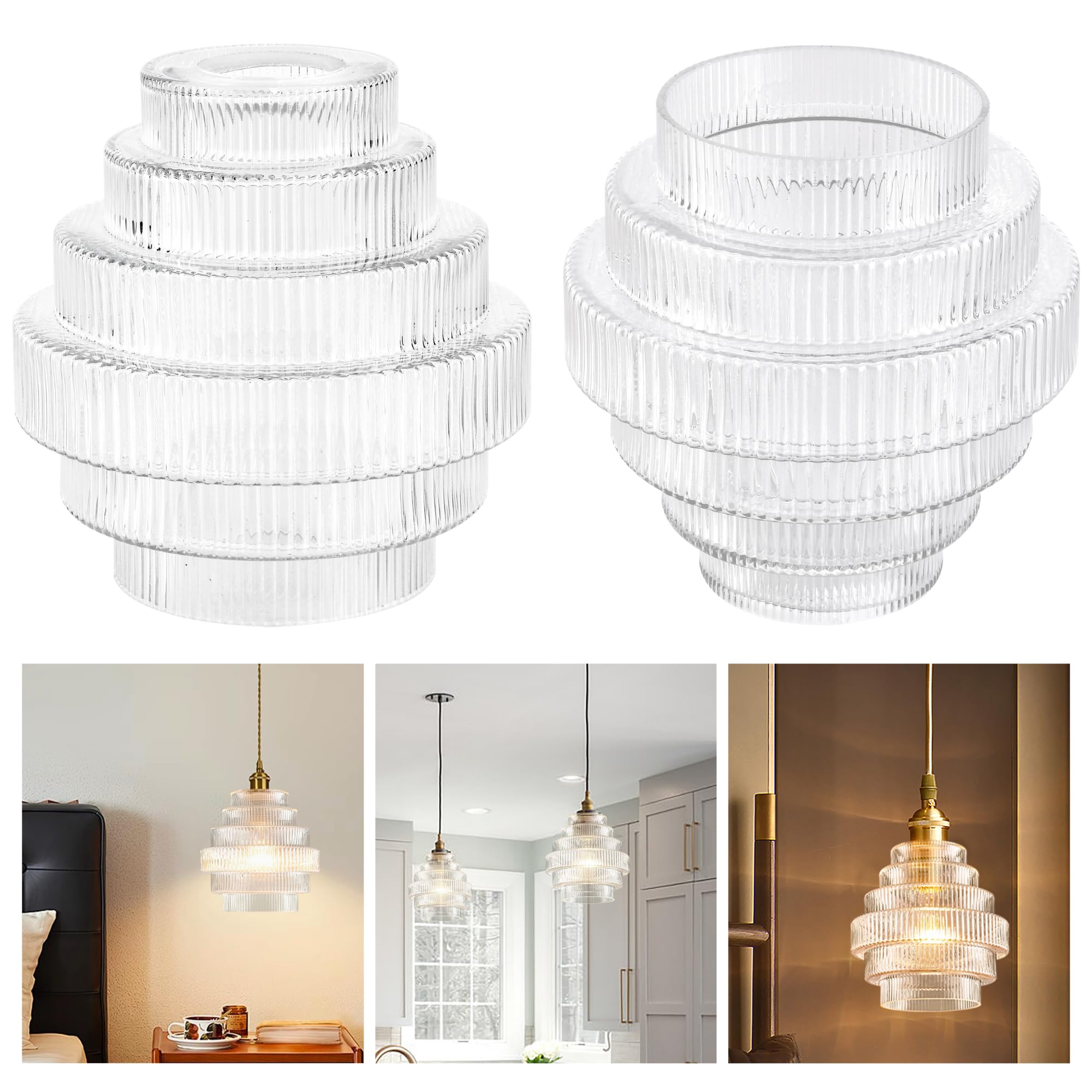 Photo 1 of 2 Pcs Clear Stripes Glass Small Lamp Shades For Kitchen Island Pendant Lamp Shade, 5.71" Max Diameter x 6.3" Height,1.65" Top Fitter,Replacement Mini Shade for Wall Lamp Chandelier Decor -By GO&SO