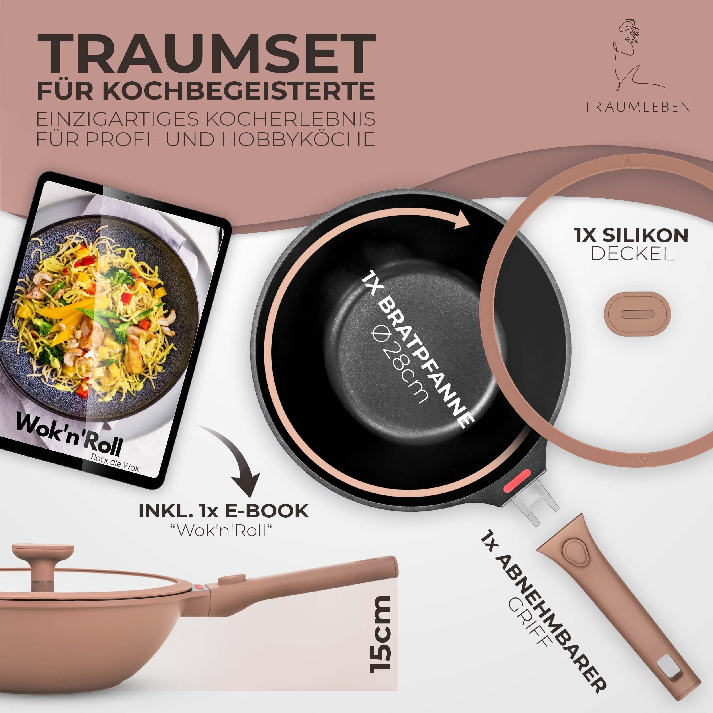 TRAUMLEBEN Wokpfanne mit Deckel 28 cm [abnehmbaren Griffe & Antihaftbeschichtung] PFOA-frei, für Induktion geeignet | backofenfest | hoher Rand | Beschichtete Wok Pfanne | Woks & Wokpfannen 2