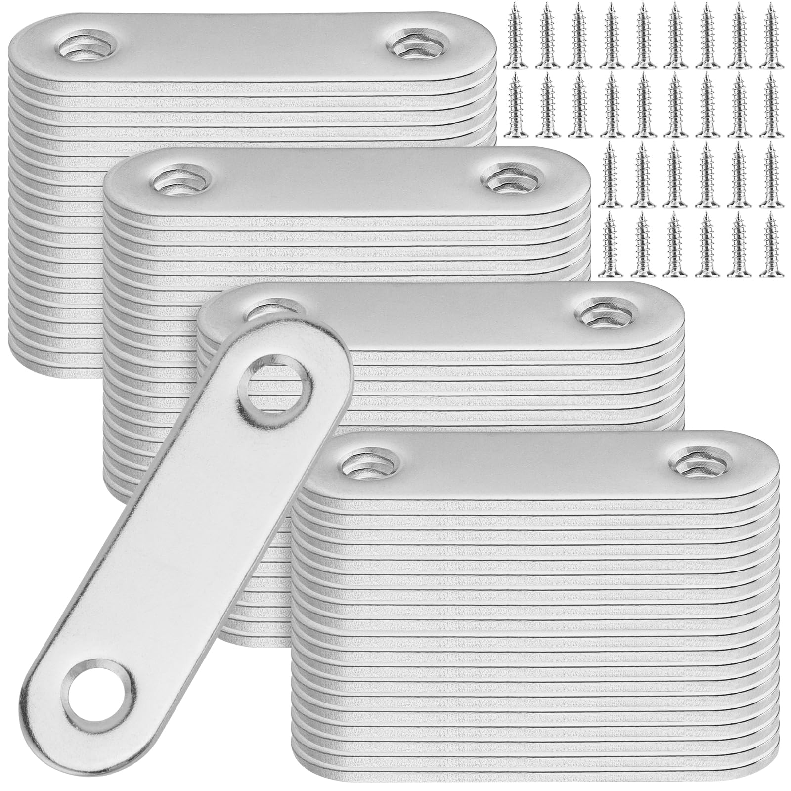 FUNSUEI 80 PCS Stainless Steel Flat Brackets, Small Metal Brackets Flat Straight Mounting, Metal Connector Plates with Screws Flat Corner Brace Plates for Wooden Furniture Fixing, 56 x 16mm