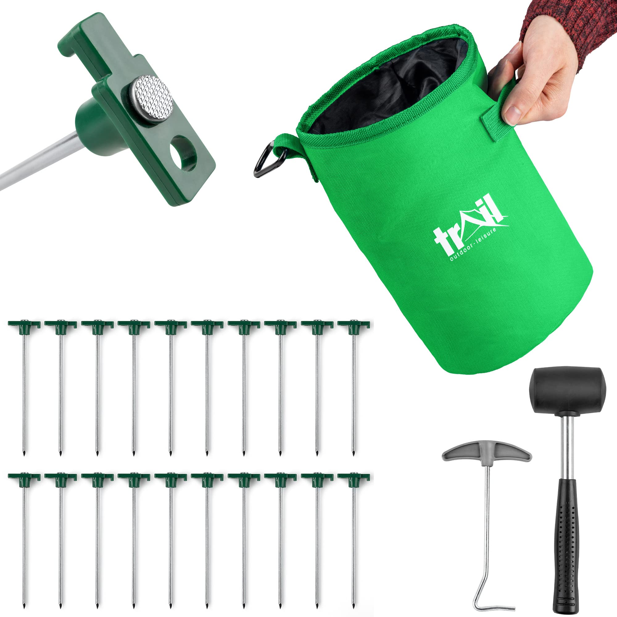 Trail 20 x Tent Pegs for Hard Stony Ground Heavy Duty Steel with Mallet, Peg Extractor and Bag with Carabiner Clip (Peg Size: 20cm x 5.5mm)