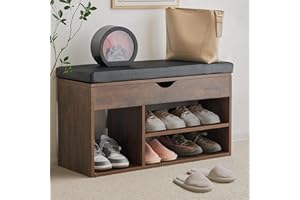 Apicizon 31 Inches Storage Bench, Shoe Bench with Flip Top Storage Space and Padded Cushion, Wooden Entryway Bench for Entryway, Living Room, 2-Tier Shoe Rack Organizer, Brown