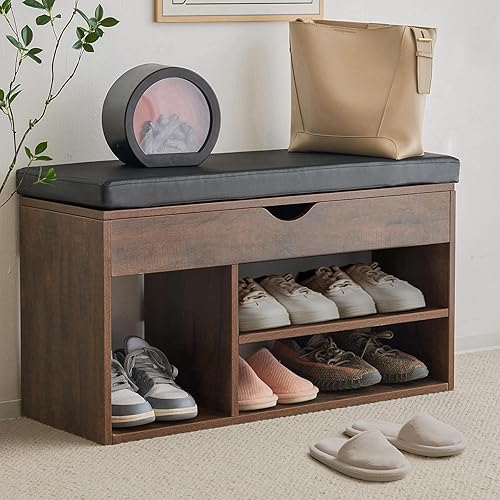 Apicizon 31 Inches Storage Bench, Shoe Bench with Flip Top Storage Space  and Padded Cushion, Wooden Entryway Bench for Entryway, Living Room, 2-Tier 