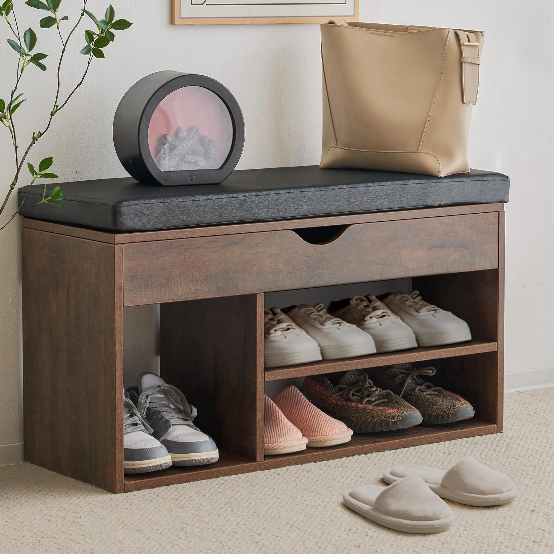 Photo 1 of Apicizon 31 Inches Storage Bench, Shoe Bench with Flip Top Storage Space and Padded Cushion, Wooden Entryway Bench for Entryway, Living Room, 2-Tier Shoe Rack Organizer, Brown