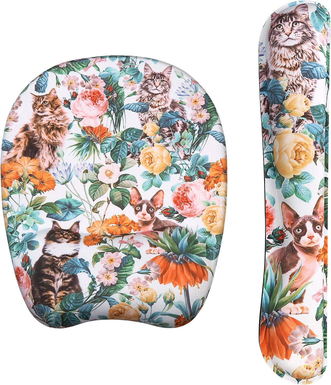 Holilife Keyboard Wrist Rest Pad and Wrist Support Mouse Pad, Ergonomic Design Memory Foam Pad for Pain Relief and Non-Slip Rubber Base Set for Home Office Laptop Computer Gaming, Cat & Flower