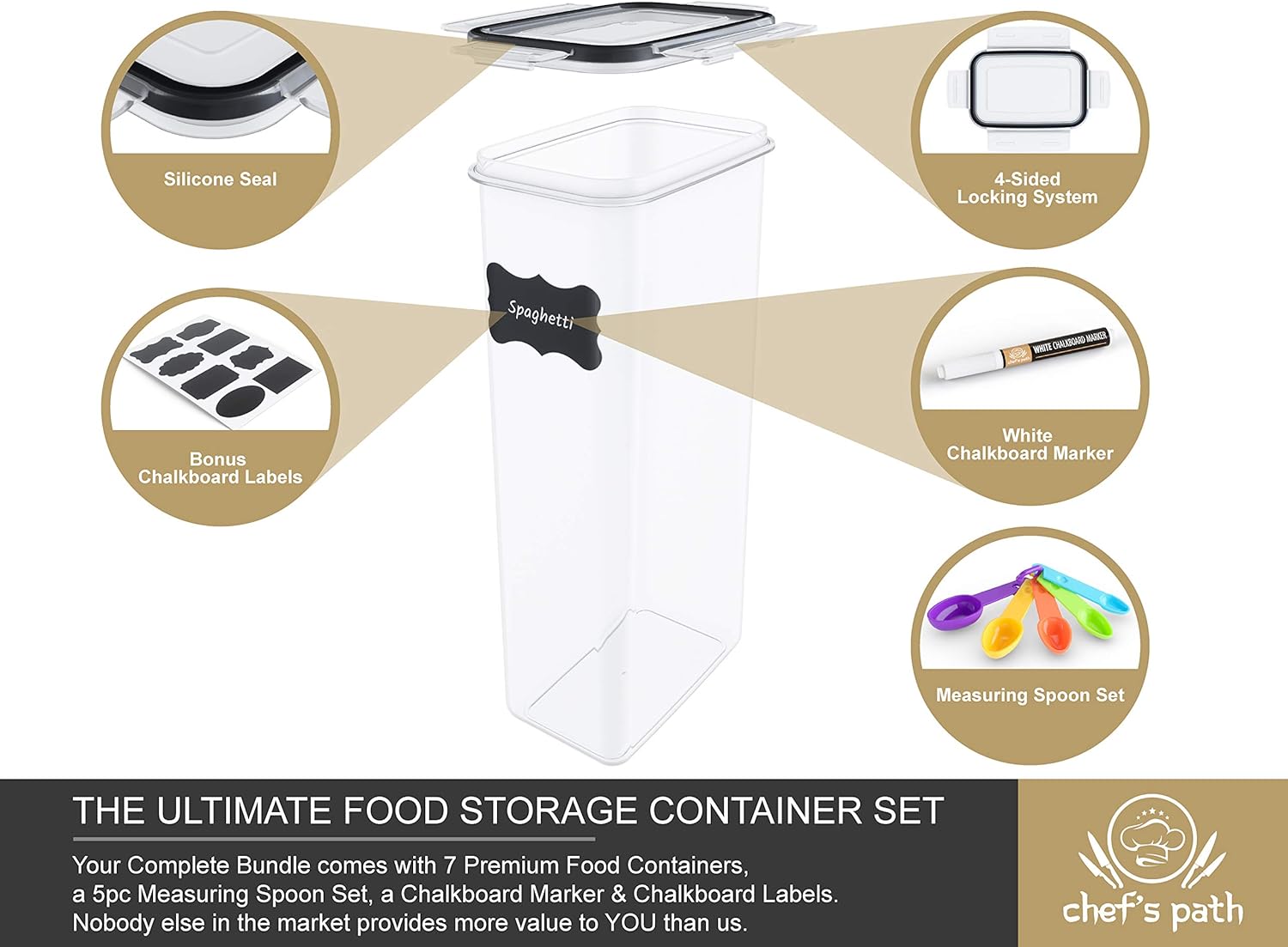 Chef's Path Airtight Food Storage Container Set - 7 PC - Kitchen & Pantry Organization Ideal for Flour, Sugar, Cereal & More - BPA-Free - Plastic Canisters with Durable Lids - Labels, Marker & Spoons: Kitchen & Dining