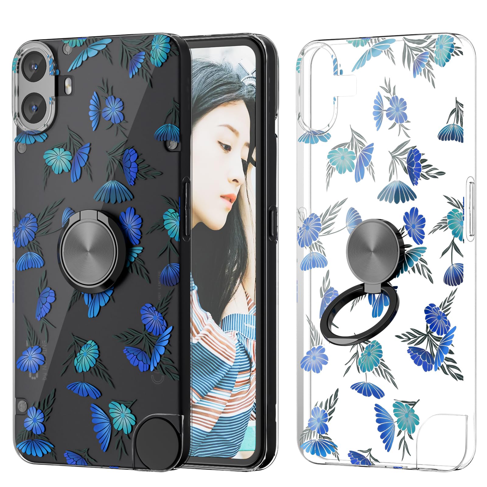ANFAIRLACE Case Compatible with CMF Phone 1, Ring Kickstand Flower Plant Butterfly Artspattern Clear Transparent Floral Cover, Leaf
