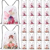 SilTriangle 24 Pcs Flower Fairy Drawstring Bags Waterproof Fairy Backpack for Gift Candy Treats Goodie Men Birthday Party Favors 16.5 x 12.6 Inch