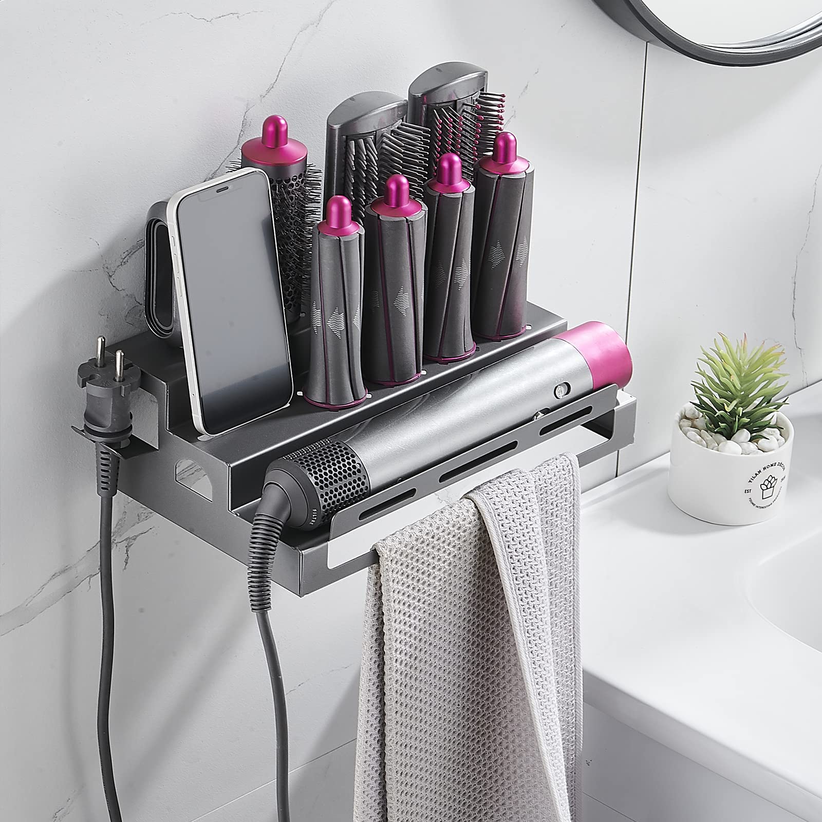 Hosoncovy Metal Wall Mount Holder Organizer Stand Storage Rack with Towel Holder Tabletop Organizer for Dyson Airwrap Styler and Brushes (Grey)