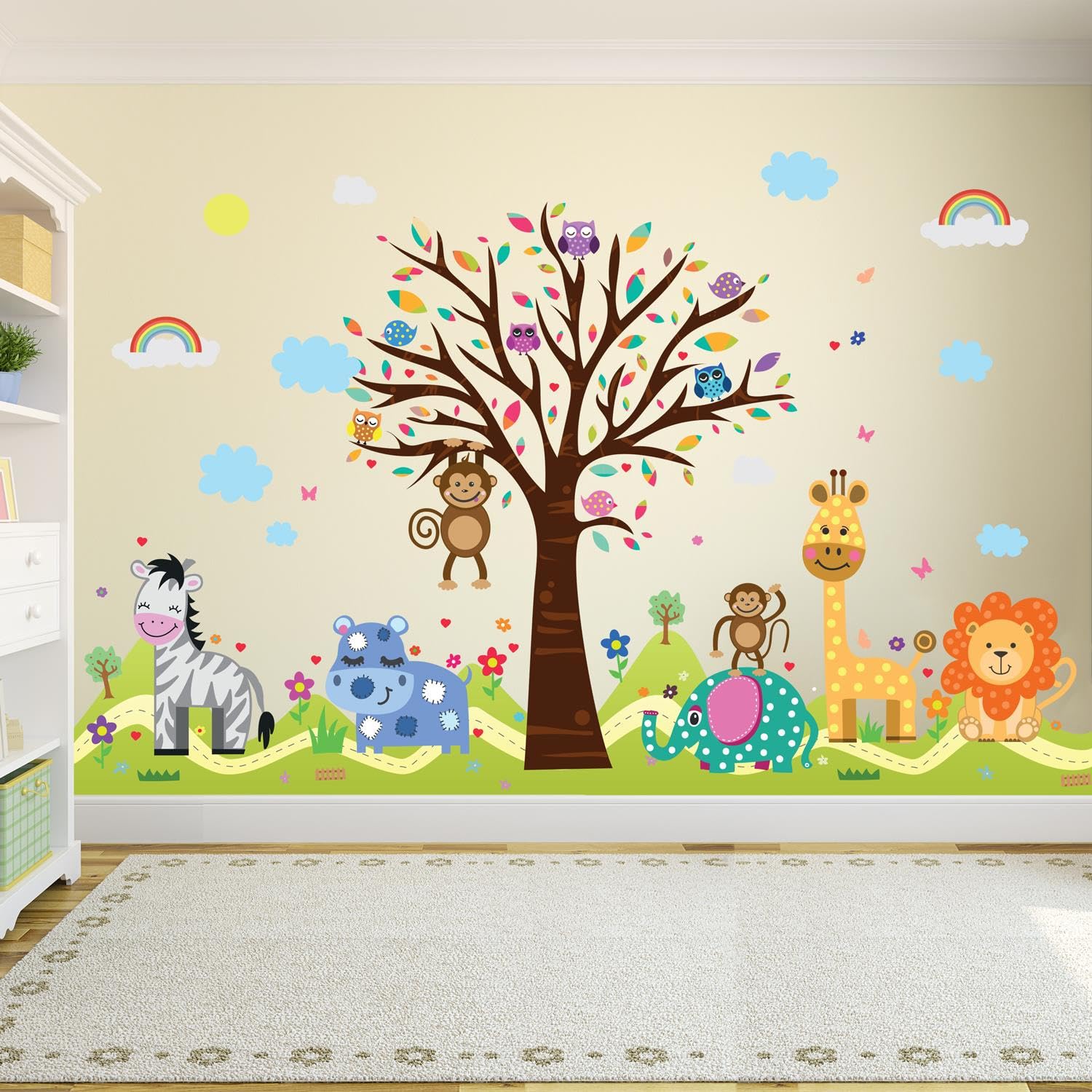 Wallflexi Office Home Decoration Wall Stickers "Happy Hills & Zoo" Wall Murals Removable Self-Adhesive Decals art Nursery Kindergarden School Baby Toddler Children Kids Room Decoration, multicolour