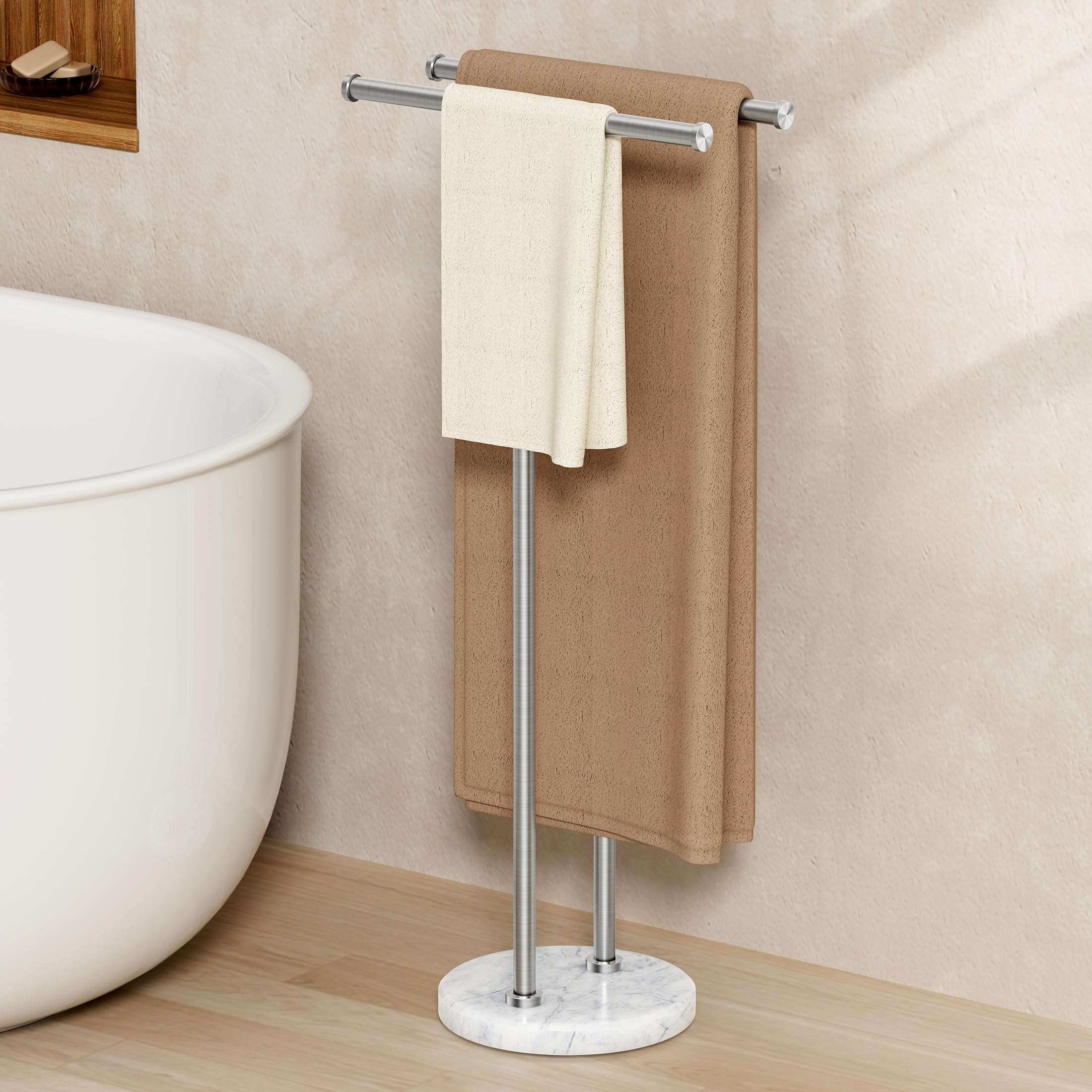 Photo 1 of ***DAMAGED - SEE NOTES/PICTURES*** KES Free Standing Towel Rack 3X Thicker Round Marble Base for Bathroom Floor, Double T-Shape Towel Rack Stand with 100% Natural Mable Base, 18/8 Stainless Steel, Brushed Finish, BTH237B-2