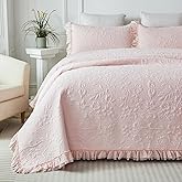 Brandream Light Pink Quilt Set King Size Cotton Shabby Chic Bedding Matelasse Coverlet Set Romantic Ruffle Bedspread 3-Piece