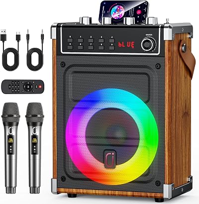 JYX Karaoke Machine with 2 Wireless Mics Bluetooth Speaker Bass Treble Echo