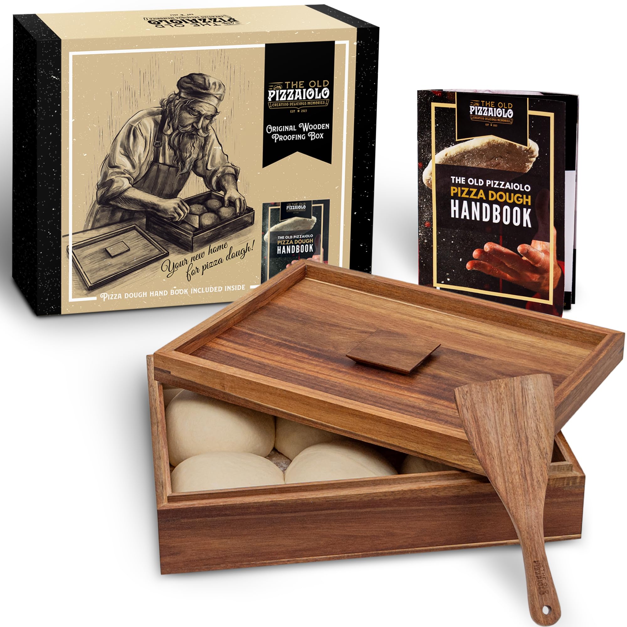 Photo 1 of The Old Pizzaiolo Wooden Pizza Dough Proofing Box w/Lid – 16” x 12” – Made From Natural Acacia Wood – Proofing Container Tray for Home Kitchen with Dough Spatula and Pizza Dough Recipe Book