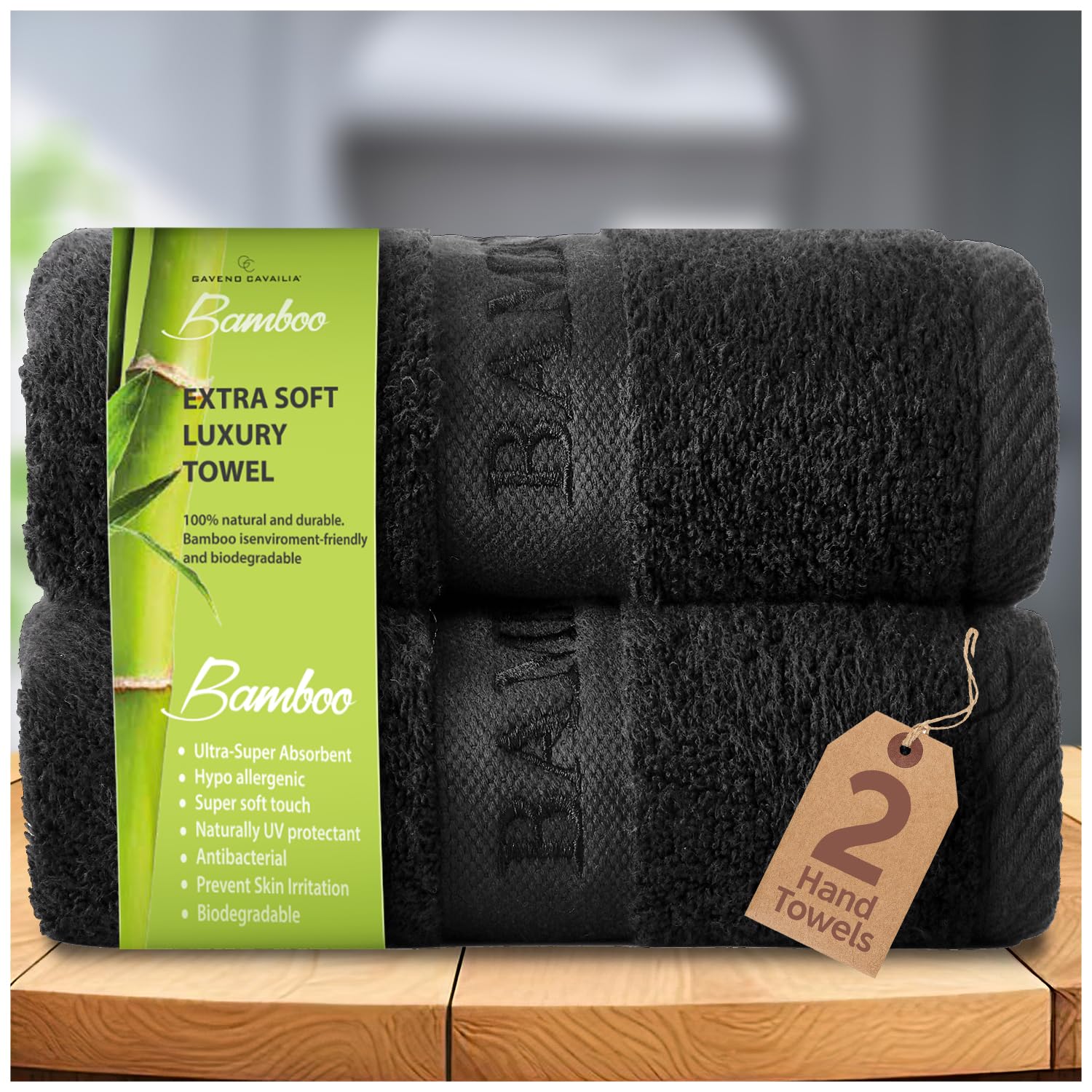 GC GAVENO CAVAILIA Bamboo Hand Towels 2 Pack - 500 gsm Highly Absorbent Towels For Bathroom (50x80 Cm) - 60% Bamboo, 40% Cotton Towels Bale Extra Soft - Black