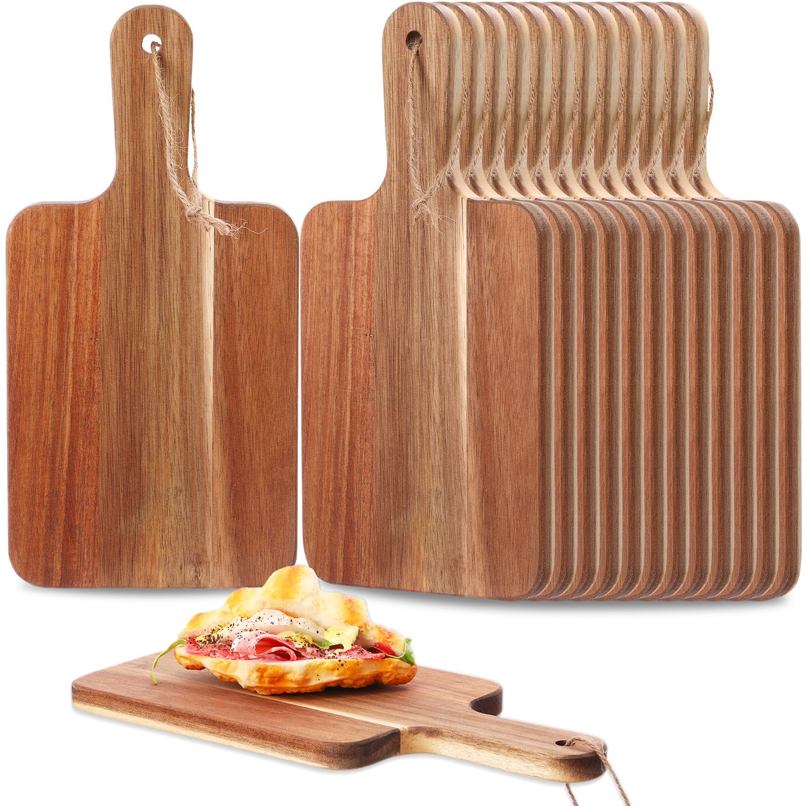 Photo 1 of Geetery 16 Pcs Acacia Wood Cutting Board Bulk Kitchen Wooden Chopping Boards with Handle Serving Tray Charcuterie for Pizza, Bread, Cheese, Fruit, Vegetables Housewarming Gift(12 x 6 Inch)