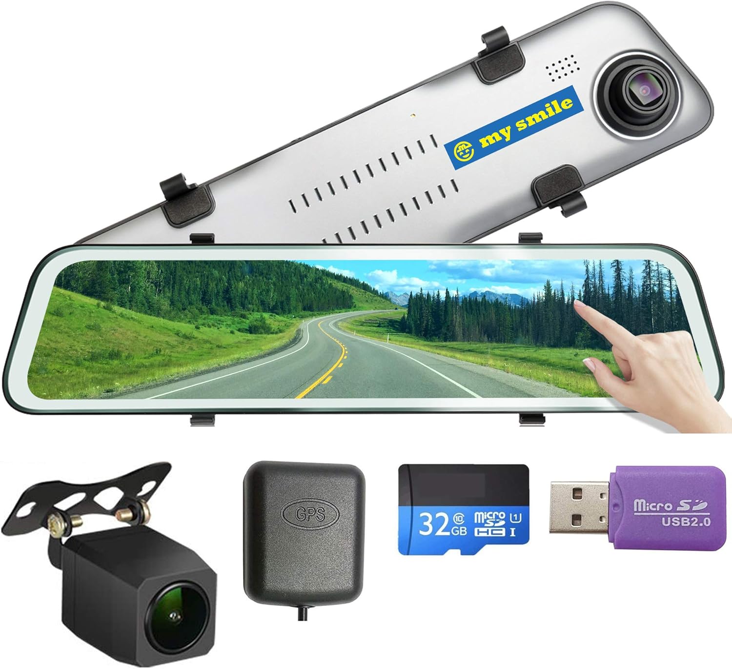 GPS 12 inch Mirror Dash Cam Backup Camera Full Touch Screen Video Streaming Mirror Camera 2K Front and 1080P Rear View Camera 32GB SD Card Included 1 Year Warranty mysmile