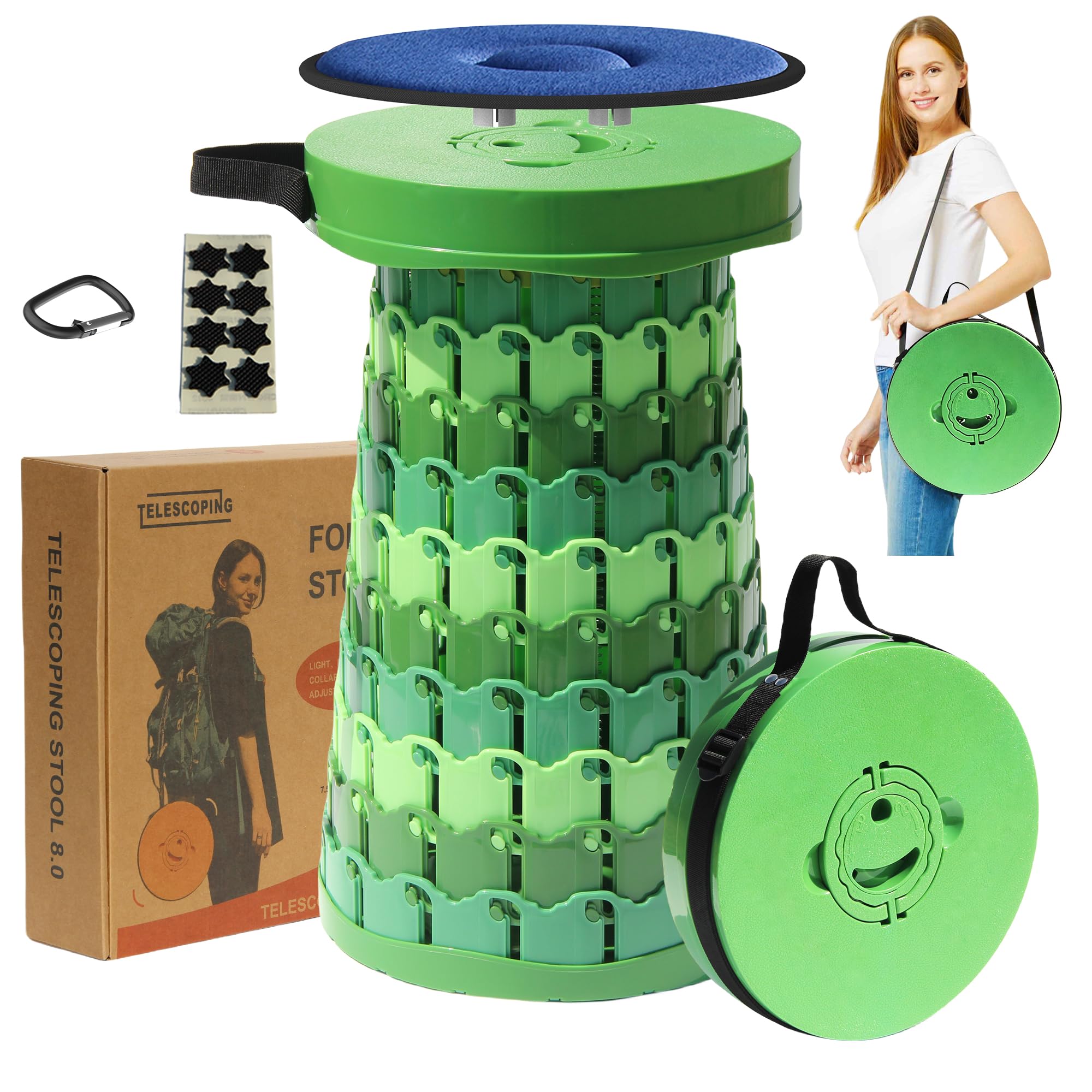 ALEVMOOM Upgraded XXL 50CM Collapsible Stool with Cushion, Telescopic Folding Stools for Adults Max Load 450KG, Retractable Portable Seat for Camping Fishing Hiking BBQ Outdoors