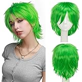 S-noilite Unisex Short Green Wig Women Men's Short Layered Fluffy Spiky Wigs with Bangs Straight Synthetic Hair Full Wigs for Halloween Cosplay Costume Comic-cons Anime Party Green