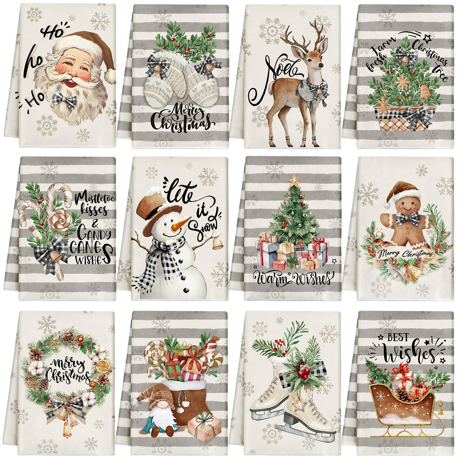 Photo 1 of VitalCozy 12 Pcs Christmas Kitchen Towels and Dishcloths Absorbent Stripe Christmas Tree Reindeer Santa Claus Gingerbread Hand Dish Towels Decoration for Xmas Home Gift Supplies, 14.2 x 21.3 Inch
