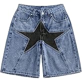 WDIRARA Women's Star Print Low Rise Denim Shorts Straight Leg Bermuda Jean Shorts Streetwear