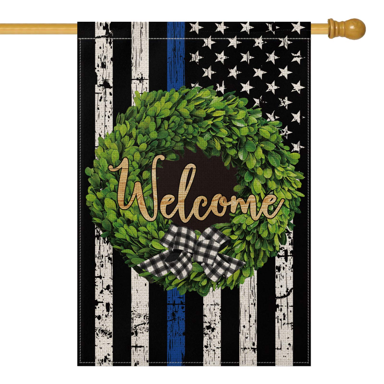 AVOIN Blue Line American Flag Boxwood Wreath Garden Flag Vertical Double Sided, Patriotic USA Honoring Law Enforcement Officers Flag Yard Outdoor Decoration 28 x 40 Inch