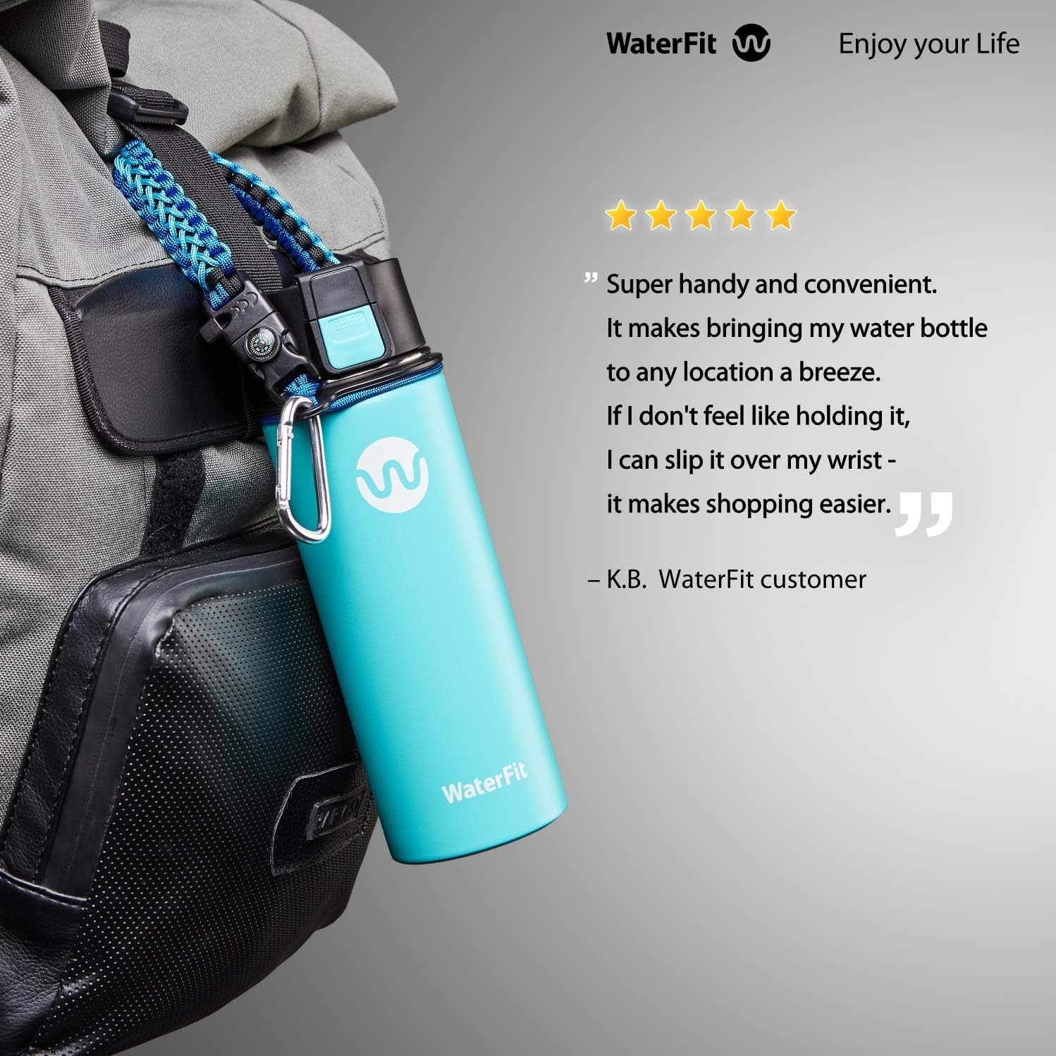 WaterFit Paracord Carrier Strap Cord with Safety Ring and Carabiner for 12-Ounce to 64-Ounce Wide Mouth Water Bottles, DoubleBlue/Compass+FireStarter : Sports & Outdoors