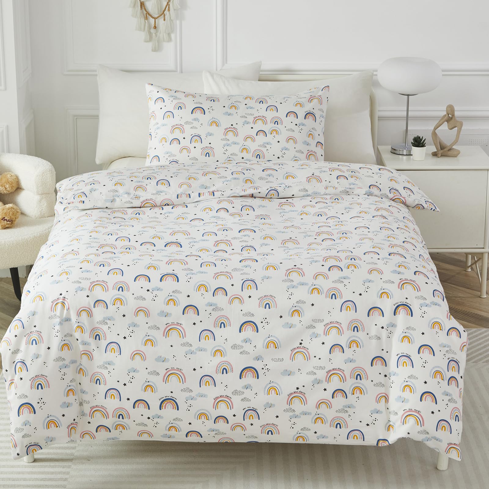 HMtideby Pink Rainbow Toddler Kids Bedding Set for Girls and Boys, Cot Bed Duvet Cover with Pillowcase, 2 pcs, 120 x 150 cm — image 1