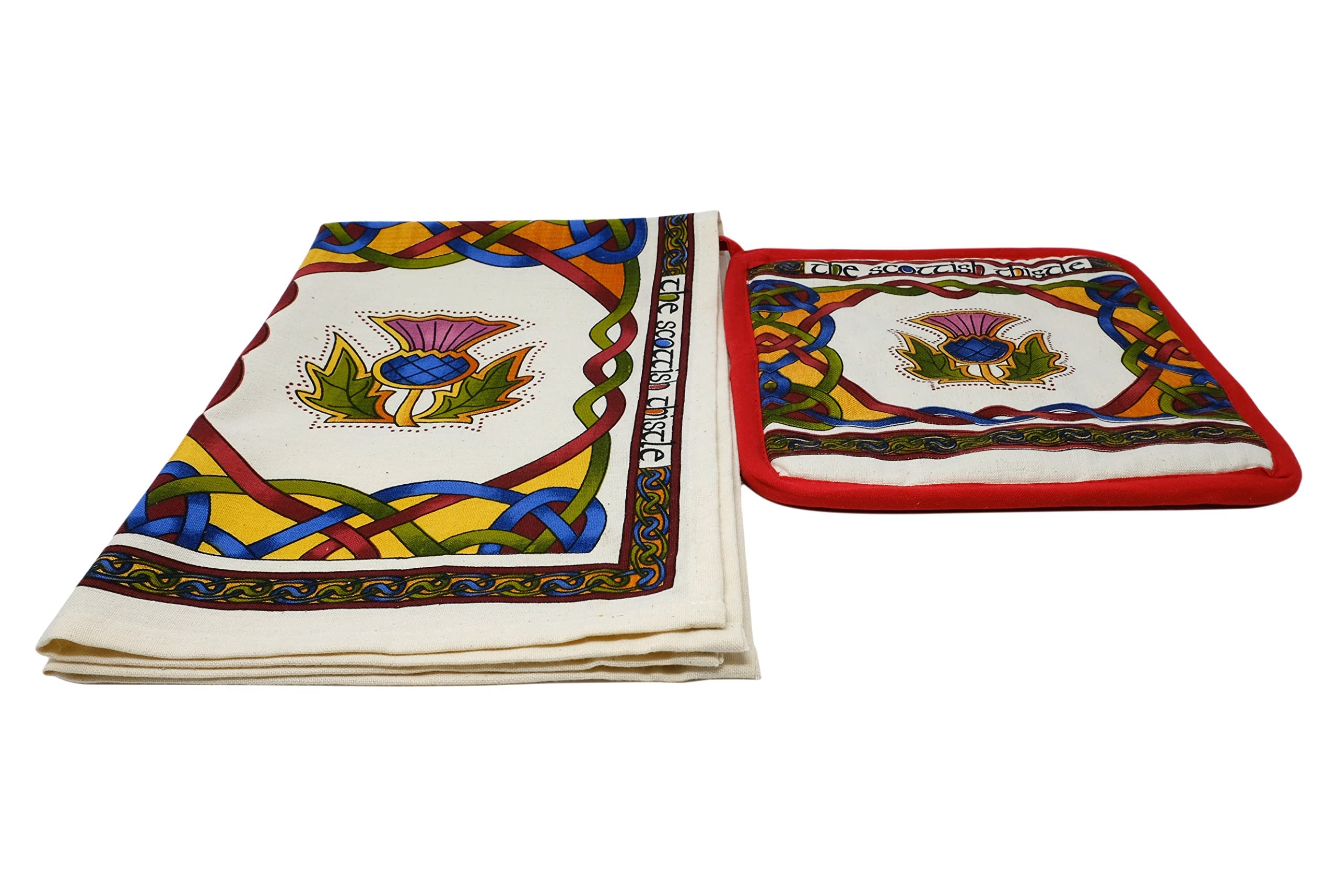 Royal Tara Scottish Weave Tea Towel & Pot Holder with Pink Thistle Tea Towel -26.3 inch W - 17.7 inch Pot Holder H -8.6 inch W -8.6 inch