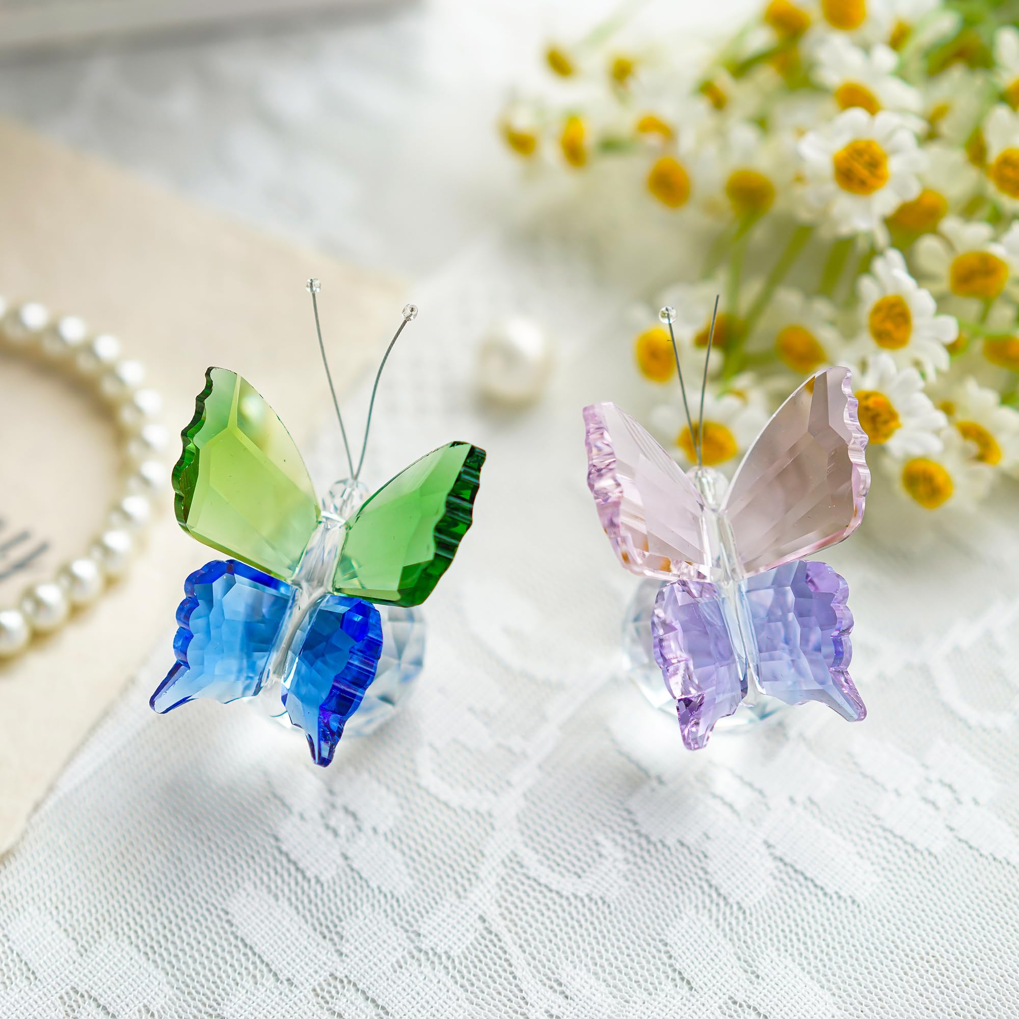 H&D HYALINE & DORA 2 Pack of Handmade Crystal Flying Butterfly Paperweight,Cute Glass Collection Ornament Animal Figurine for Home Decor