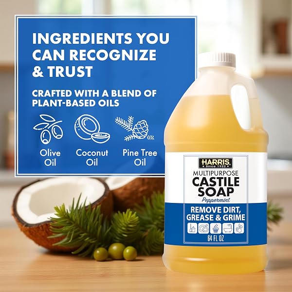 HARRIS MULTI-PURPOSE PURE LIQUID CASTILE SOAP FOR HOME CLEANING, MULTI-PURPOSE CLEANER, FOR DISH SOAP, LAUNDRY DETERGENT, KITCHEN AND BATHROOM SURFACES, KIDS ROOMS, SCENTED WITH PEPPERMINT OIL, 64 OZ