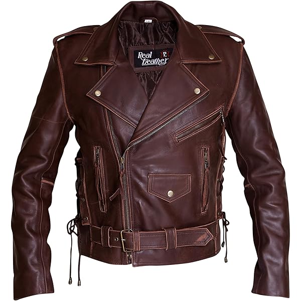 Mens Retro Vintage Brando Distressed Brown Cowhide Leather Jacket