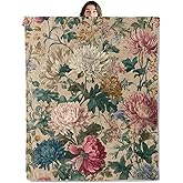 SOMEKLLY Vintage Floral Throw Blanket Soft Cozy Lightweight Flannel Blankets with Colorful Elegant Flower Printed for Women Bedroom Dorm Office Retro Botanical Decor Gifts 50x60 Inch
