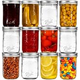 Ball Regular Mouth Mason Jars 8 oz. 12 Pack Bundled with Peaknip Jar Opener | Half Pint Size Jars with Airtight Lids and Bands for Canning, Fermenting, Pickling, Meal Prep or DIY Decors and Projects