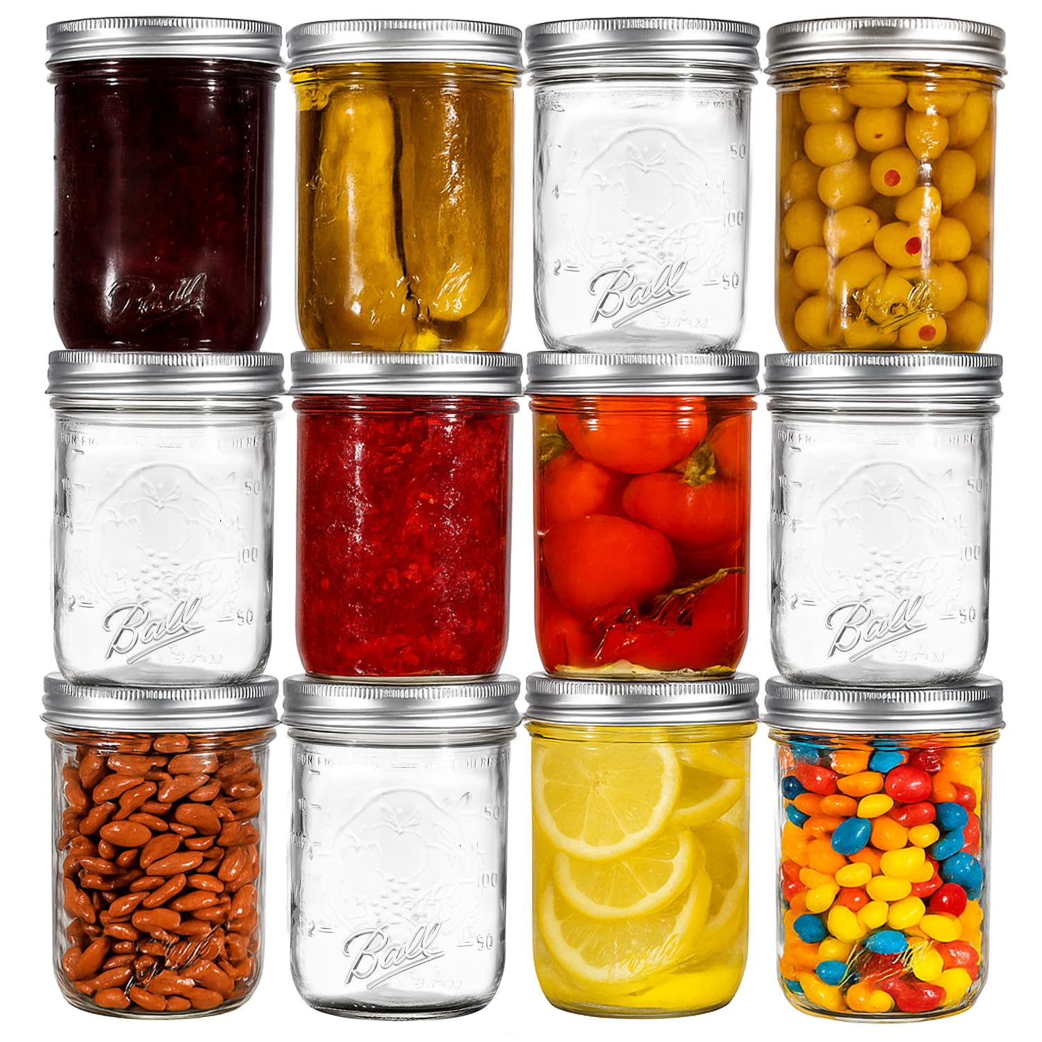 Photo 1 of Ball Regular Mouth Mason Jars 8 oz. (12 Pack) - Half Pint Size Jars with Airtight Lids and Bands for Canning, Fermenting, Pickling, Meal Prep or DIY Decors and Projects Bundled with Peaknip Jar Opener