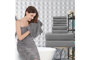 JUNSEY Grey Bath Towels Set of 8, Bathroom Towel Quick Dry Textured,2 Oversized Shower Towels Large/2 Hand Towels/4 Washcloths, Ultra Soft Microfiber Absorbent Face Towels Bath Sheets For Bathroom Hotel Spa