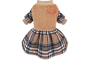 PINKBOW Dog Dress Fall Dog Clothes Dog Sweater Dress with Plaid Hem for Small Dogs Girl Winter Warm Fleece Dog Pullover Sweater Pet Clothes Dresses M Khaki