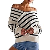 HYLLGUD Women's Long Sleeve Striped Color Block Knitted Sweater V Neck Oversized Pullover Jumper Tops(Black-S)