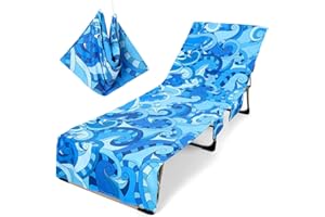 MOUNTCLIM Lounge Chair Cover Pool Chair Covers with Side Pockets Soft and Quick Dry Beach Chairs Towel Cover for Outdoor Sun Lounger Pool Sunbathing Hotel, Blue Sea Waves 85 Inches L x 30 Inches W