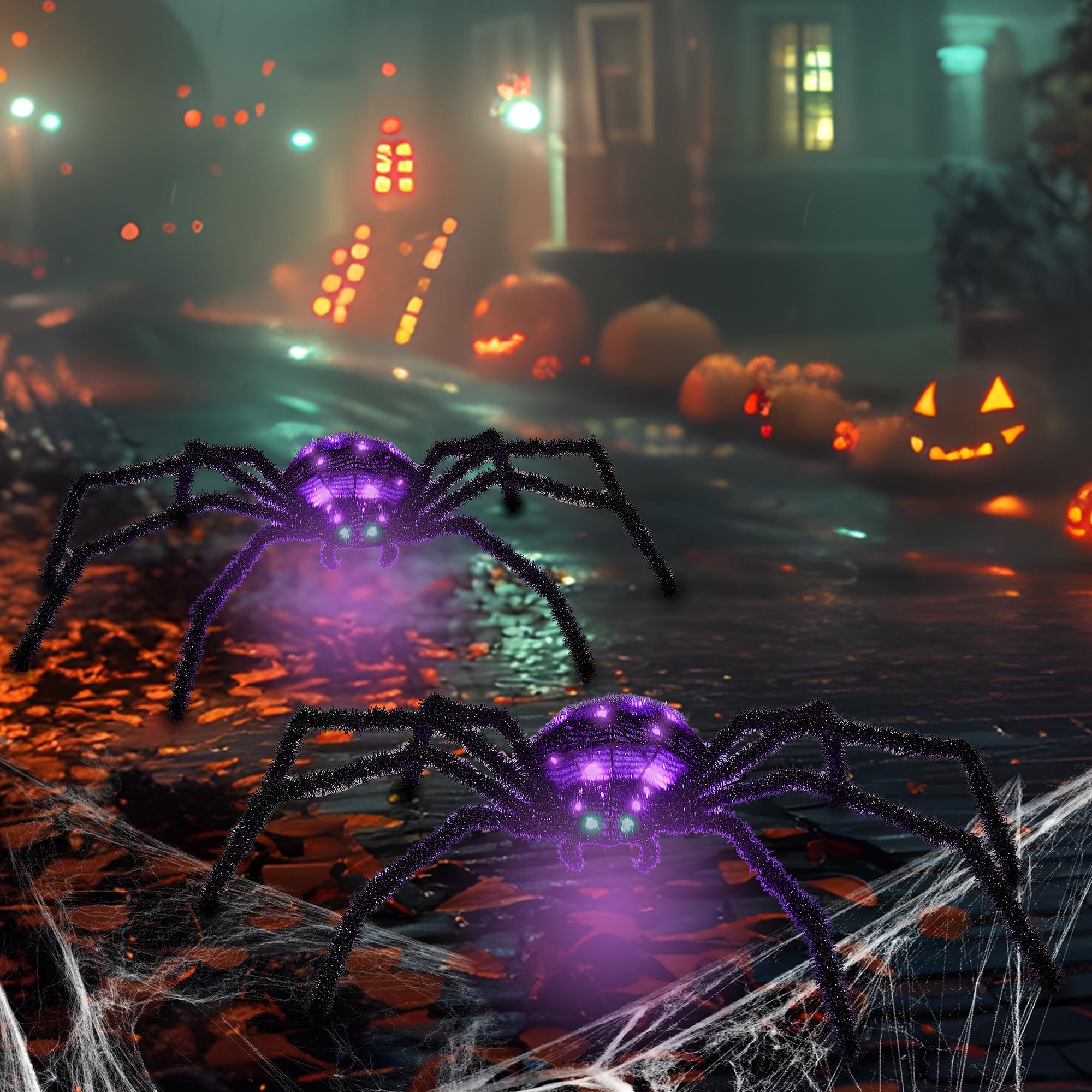 Photo 1 of 2 Pack 2.5Ft Giant Spider Halloween Decorations Outdoor 30" Light Up Spider with 30 LED Lights for Front Yard, Porch, Garden, Lawn, Halloween Party (Purple)