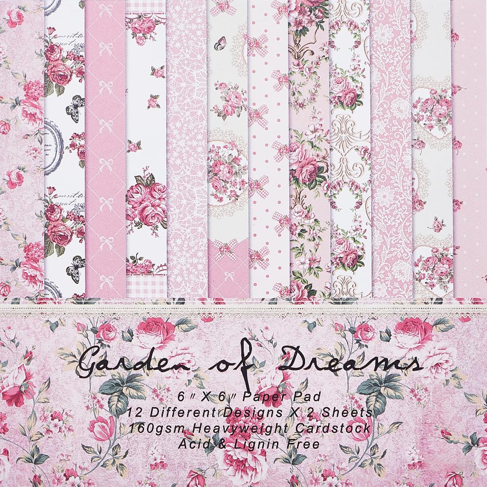 CRASPIRE 24 Sheets Vintage Floral Scrapbook Paper Pad Flower 12 Style Single-Side Cardstock Background Border Paper for Journal Decorative Greeting Card Making Supplies Art Album 6 x 6inch