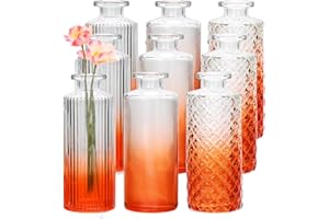 Brajttt Glass Bud Vase Set in Bulk, 9pcs Mini Vintage Flower Vases for Wedding, Red-Orang Relief Vase for Centerpieces,Home Table Flower Decor, Party Decorations