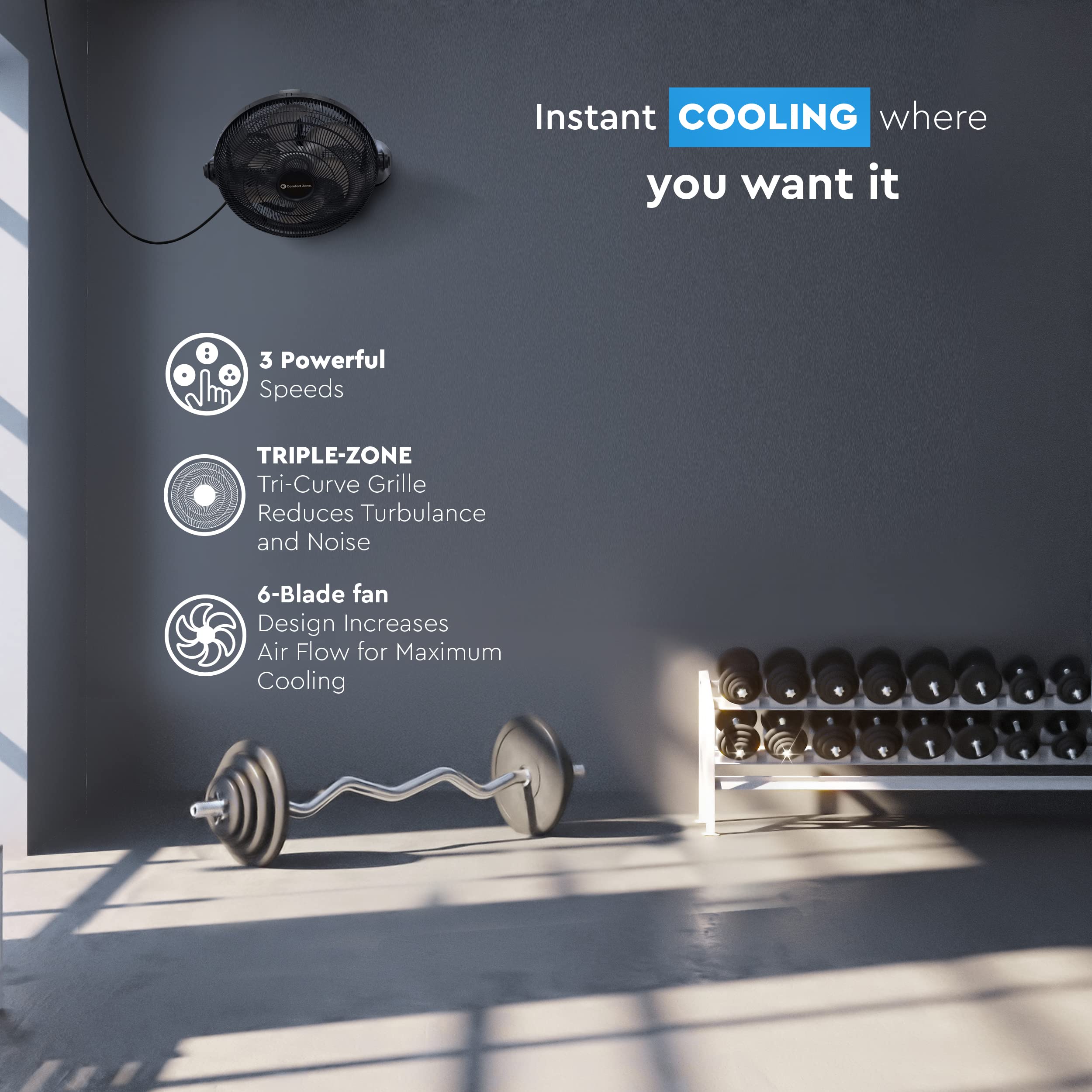 Comfort Zone PowrCurve Floor Fan with Wall-Mounting Capabilities, 9 inch, 3-Speed, 180 Degree Adjustable Tilt, 6 Blades, Ideal for Home, Bedroom & Office (Bracket Included), CZHV101BS